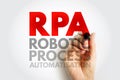 RPA Robotic Process Automatisation abbreviation concept with a hand holding a marker. Digital automation and workflow efficiency Royalty Free Stock Photo