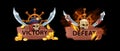 Victory defeat game pirate badge, vector winner UI achievement rank award, loser game over screen asset.