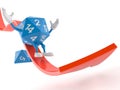 RPG dice character sliding on red arrow