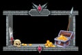 Stone game frame, vector UI rock screen design element, medieval castle brick, gold coins, trunk, skull.