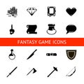 RPG game icons set potions, buttons, weapons, scrolls, money, crystals, books, warrior, mage vector illustration