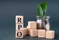 RPO - acronym on wooden cubes on the background of a glass jar with coins and green leaves