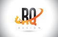 RQ R Q Letter Logo with Fire Flames Design and Orange Swoosh.
