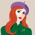 Rredhead woman wearing green coat and beret Royalty Free Stock Photo