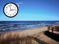 Daylight Saving Time DST. Blue sky with white clouds and clock. Turn time forward +1h Royalty Free Stock Photo