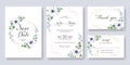 Set fo Wedding Invitation, save the date, thank you, rsvp card template. Vector. Anemone flower, silver dollar leaves.