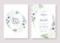 Set fo Wedding Invitation, save the date card template. Vector. Anemone flower, silver dollar leaves.