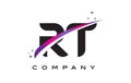 RT R T Black Letter Logo Design with Purple Magenta Swoosh