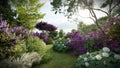 rtist 3d render hydrangea and lilac suny garden, background for meditaion music
