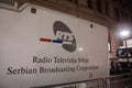 RTS logo on one of their trucks. RTS, or Radio Televizija Srbije or Serbian Radio television, is the Serbian public television Royalty Free Stock Photo