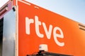 RTVE Spanish Radio and Television Corporation logo on RTVE truck Royalty Free Stock Photo