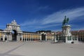 Beautiful image of the gate and statue of King Jose on the Commerce square in Lisbon, Portugal