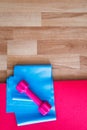 Rubber Band and Pink Dumbbell with Red Pilates Mat on Wood Royalty Free Stock Photo