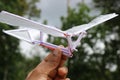 Rubber band power ornithopter held in hand on nature background