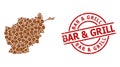 Rubber Bar and Grill Stamp Seal and Coffee Beans Collage of Afghanistan Map Royalty Free Stock Photo