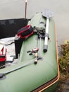 Rubber boat with gear for fishing, close up