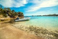 Rubber boat moored in a small cove in Costa Smeralda Royalty Free Stock Photo