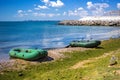 Rubber boat on the sea shore. Rubber inflatable boat for fishing Royalty Free Stock Photo