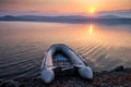 Rubber boat on the shore of the picturesque coast against the backdrop of sunrise Royalty Free Stock Photo