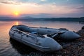 Rubber boat on the shore of the scenic coast against the backdrop of sunset Royalty Free Stock Photo