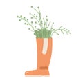 Rubber boot with heart decoration and grass bouquet. Vector illustration isolated on white background. Gardening fall element Royalty Free Stock Photo