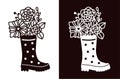 Rubber boot with polka dots with a bouquet of flowers. Stencil for cutting, burning, painting, etc