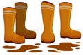 Rubber boot and puddle of mud. Waterproof farming gumboots. Dirty pair of footwear. Royalty Free Stock Photo
