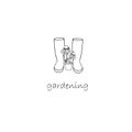 Rubber boots flower pot Gardening banner. Ink hand drawn thin line monochrome decorative object isolated Royalty Free Stock Photo