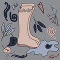 Rubber boots in a puddle, sowing decorative elements, leaves, berries and curls, vector outline illustration