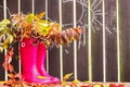 Rubber boots (rainboots) and autumnal leaves are on the wooden background with drawing rain drops, cloud and sun.