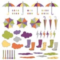 Rubber boots, umbrellas, rain. Vector set.