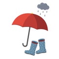 Rubber boots under an umbrella, autumn theme, color vector isolated cartoon-style illustration