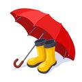 Rubber boots under an umbrella. Bright vector illustration on the theme of autumn and rain protection.
