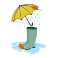 Rubber boots under an umbrella from which it is raining, vector illustration autumn day rubber birch boots umbrella