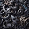 Rubber, concrete, louis vutton, clustered, intertwined, piled up, hyper-realistic, overhead view