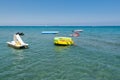 Rubber dinghy floating on the sea near the Larnaca Finikoudes beach of Cyprus Royalty Free Stock Photo