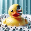 A rubber duck as a robot with a terminator face underneath the rubber shell