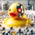 A rubber duck as a robot with a terminator face underneath the rubber shell