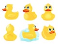 Rubber duck. Bath yellow cute toys water funny games vector duck cartoon illustrations