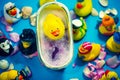 Rubber duck in the bathtub, colorful background with shells, rose petals and other rubber ducks, rubber ducks