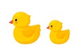 Rubber duck family isolated in white background. Side view of yellow plastic duck toys, parent and baby. Vector Royalty Free Stock Photo