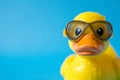 Rubber duck with mask Yellow rubber duck swimming in the water. Top view of a floating toy rubber duck on a blue background.