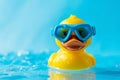Rubber duck with mask Yellow rubber duck swimming in the water. Top view of a floating toy rubber duck on a blue background. Royalty Free Stock Photo