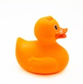 Rubber duck orange color isolated on white, side view