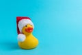 Rubber duck with Santa hat on blue background. Minimal Christmas or New Year concept