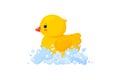 Rubber duck in soap foam isolated in white background. Side view of yellow plastic duckling toy in suds. Vector Royalty Free Stock Photo