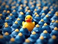 Rubber duck is standing in middle of group of blue cupcakes