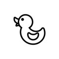 Rubber duck thin line icon. Outline symbol baby bathing toy for the design of children`s webstie and mobile applications