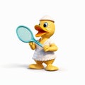 Rubber duck toy on white background. Cute rubber duck play tennis, white background