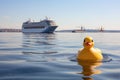 rubber duck on the water with a cruise ship in the distance Royalty Free Stock Photo